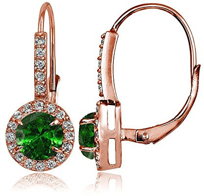 Rose Gold Flashed Sterling Silver Genuine, Created or Simulated Gemstone and Cubic Zirconia Accents Round Leverback Earrings, Metal, simulated-emerald