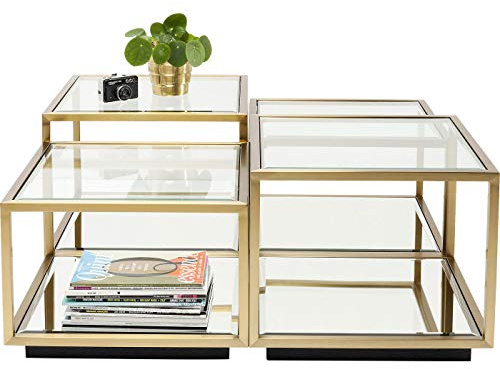 Kare Design Couchtisch Luigi (4/Set), Gold, Wohnzimmertisch, Beistelltisch, Edelstahl Gestell, ESG-Glas Tischplatte, quadratisch, klein: 36x50x50cm, groß: 46x50x50cm (H/B/T)