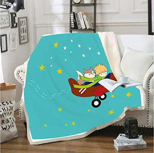 VYEKL Bettbezüge werfen eine Decke Kleiner Prinz werfen Decke Flugzeug Sterne weichen Sherpa Korallen Decke Winter Sofa Nickerchen Knie TV Decke 150 * 200 cm