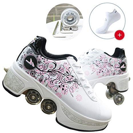 JTKDL 2 In 1 Zweireihige Deform Wheel Deformation Schuhe Vierrädrige Rollschuhe Abnehmbare Riemenscheiben Schlittschuhe Skaten,WhitePink-36