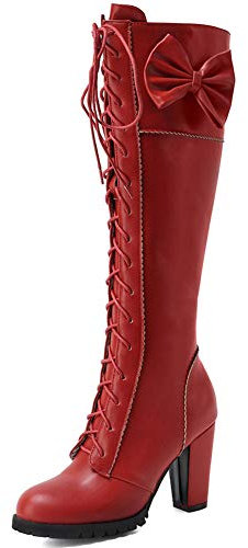 Cynllio, carino fiocco con lacci al ginocchio, stivali per cosplay da donna, con tacchi alti e tacchi alti Kawaii Lolita, stivali invernali lunghi con cerniera, Rosso (Rosso), 37 EU