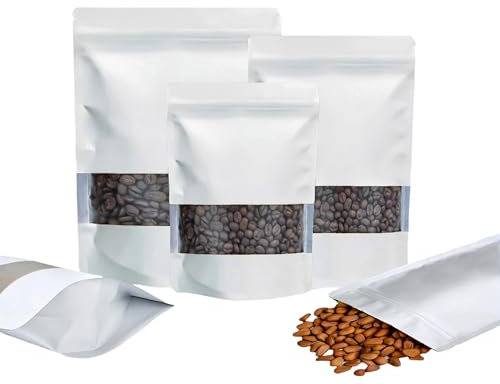 Rimiko 50 Pcs Sachets Alimentaires Debout avec Fenêtre Transparente, Sachet Zip Refermable Aluminium Stand up, Sac Pochette Mylar pour Conservation des Aliments (Blanc,15x22cm)