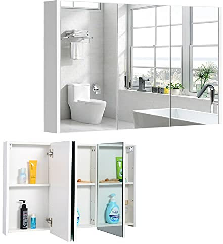 RELAX4LIFE Spiegelschrank Badezimmer, eleganter Hängeschrank mit 3 Türen & Spiegel, Schminkschrank mit 6 höhenverstellbaren Einlegebodens, Wandschrank mit Pufferscharniere, bis 15 kg belastbar, weiß