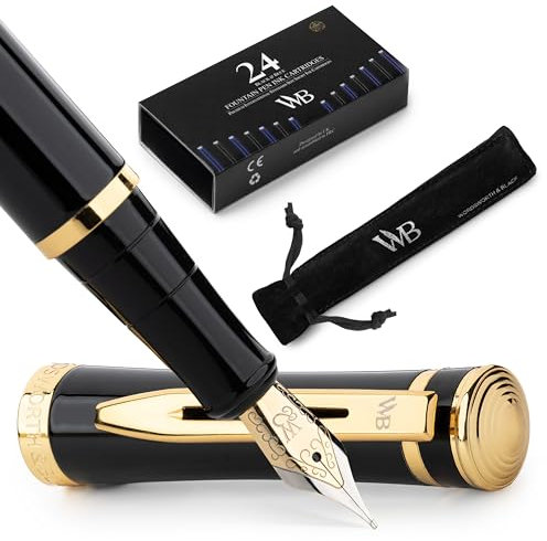 Wordsworth and Black Fountain Pen [Black Gold]- Luxury Medium Nib Fountain Pen Set Includes 24 Ink Cartridges [Black & Blue], Refillable Fountain Pen Ink Converter - Pens for Writing or Calligraphy