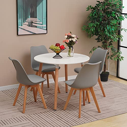 YULU Round Dining Room Table and Chairs Set 4 90cm Grey | Modern Kitchen Table Solid Wood Leg PU Padded Lounge Chair Space Saver Restaurant Home Office Reception Apartment Canteen