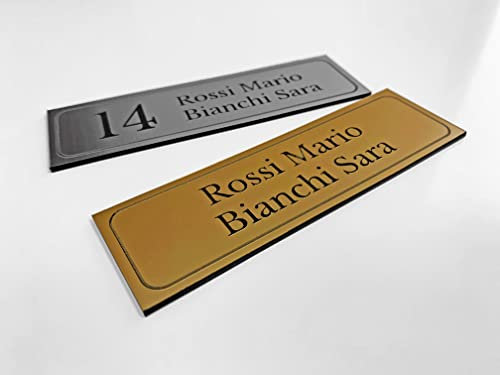 Targhetta in plastica bicolore, oro-nero/argento-nero, fuori porta, campanello, cassetta della posta, incisione personalizzata su 3 righe - 10x3cm (oro)