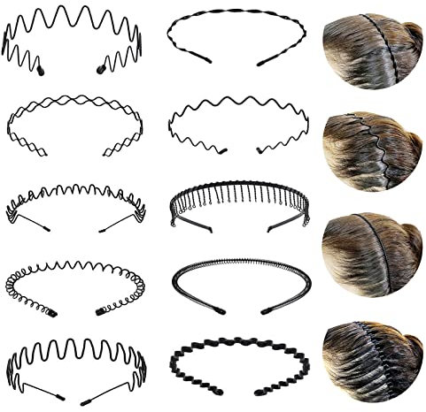 CHAMYUEAN Haarreifen Damen Herren 10 Stück Metall Haarband Schwarz Welle Haarreif Damen Rutschfestes Elastisches Haarreifen Männer Mehrere Stile Geeignet für Sport Fitness tägliches Make-up