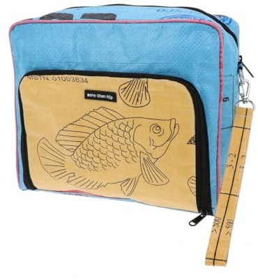 MoreThanHip - Kulturtasche – Robuster Kulturbeutel (6,5 Liter) aus recycelten Fischfuttersäcken – Wasserabweisend, Praktisch und Fair Made - Lexi blau/gelb-27 x 24 x 10 cm