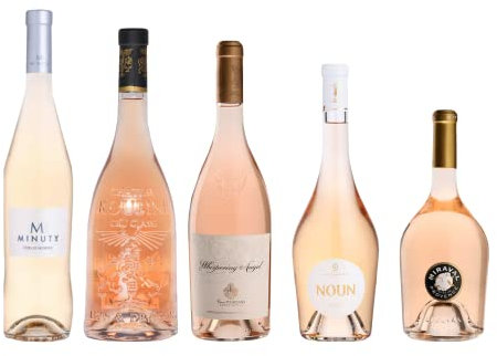 LOT vinos Rosés: 1 Lion et dragon Château Roubine / 1 Minuty M / 1 Whispering angel / 1 Miraval / 1 Noun Haute Pommieres /(5x75cl)