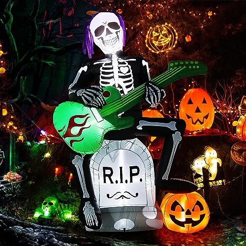EBANKU 7 Fuß Halloween Aufblasbarer Skelett Spielt Gitarre mit Grabstein Kürbis Blow Up Outdoor Dekor mit LED Rasen Aufblasbares Home Family Halloween Dekoration