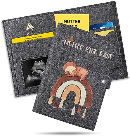 Mutter-Kind-Pass Hülle aus Filz – Regenbogen & Faultier Motiv – Mit Innenfächern für Impfpass, E-Card und Ultraschallbilder – Robuster Schutz, Liebevolles Geschenk für werdende Eltern in Österreich
