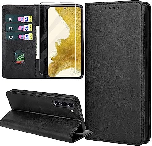 ZYIMOU Handyhülle für Samsung Galaxy S22 5G Hülle mit Schutzfolie, Leder Schutzhülle Standfunktion Kartenfach Wallet Klapphülle Samsung S22 5G Flip Case Cover, Schwarz
