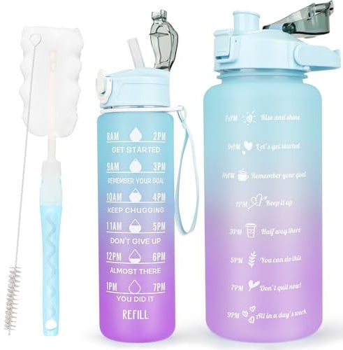 CodiCile 2 Pack Trinkflasche BPA-frei 2L+750ml, Sport-Trinkflasche mit Zeitmarkierung & Strohhalm, 4 Liter Trinkflasche fürs Fitnessstudio mit Bürste, Großer motivierender Zeitmarker Wasserflasche