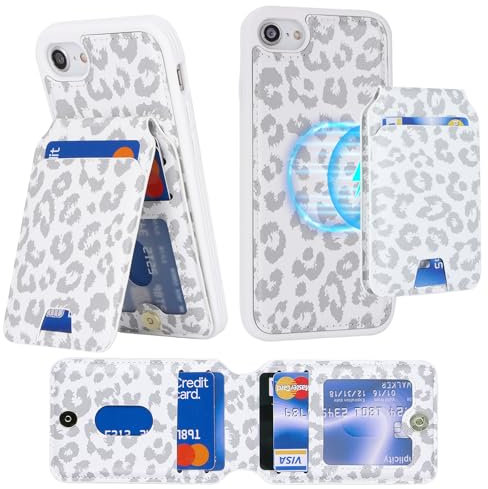 ELTEKER Hülle für iPhone 7/8/SE2020/SE2023 Handyhülle Kartenfach Magsafe Wallet Magnetischer Kartenhalter kreditkartenetui mit Ständer,Schutzhülle Klapphülle für iPhone 7/8/SE2/SE3- Leopard