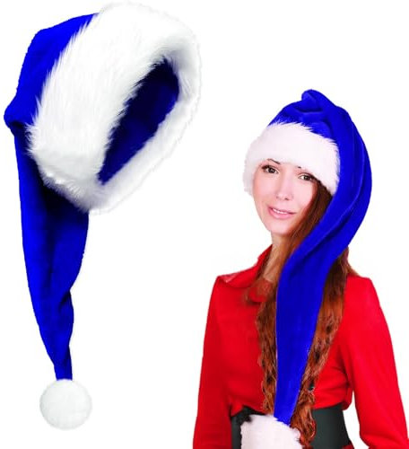 POPOYU Weihnachtsmütze, blaue Weihnachtsmütze, flauschige Weihnachtsmannmütze für Weihnachtsfeier (75 cm) 1P