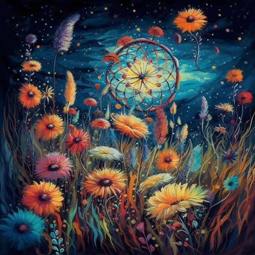 OfFsum Diamond Painting Grass Flower Elf Snails Big Dream Catcher 3 Kit for a Adults Full Drill Paint with Diamond Art DIY Scenery Painting by Number Kits Art Wall Home Decor