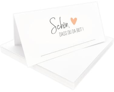 Tischkarten Schön, dass du da bist weiß mit Herz | Farbe wählbar | 25, 50, 100 Stück | selbst beschriften | Namensschilder, Platzkarten | für Hochzeit, Geburtstag uvm (Peach, 25)