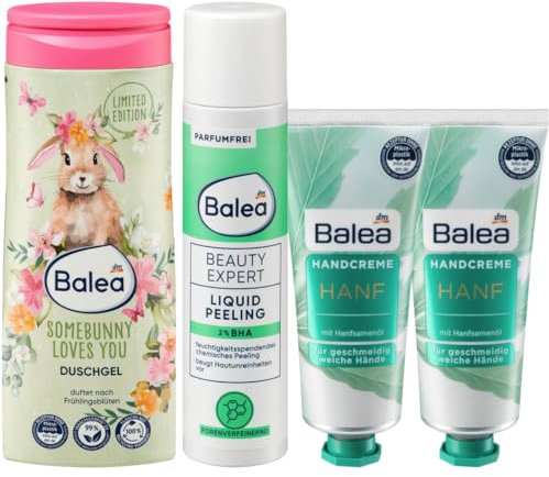 Balea 4er-Set Hautpflege: Duschgel SOMEBUNNY LOVES YOU duftet nach Frühlingsblüten (300ml) + Beauty Expert LIQUID PEELING beugt Hautunreinheiten vor (150 ml) + 2 x Handcreme HANF (2 x 75 ml), 575 ml