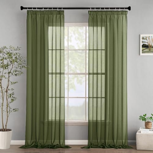 Woaboy Gardinen mit Kräuselband Fenster Voile Vorhänge Wohnzimmer Transparent Sheer Curtains Stores Gardine Schlafzimmer Modern Schlaufengardinen 2er Set 140x245cm (BxH) Olivergrün