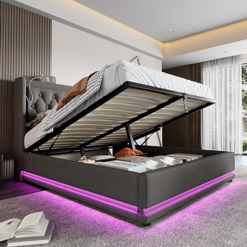 Dolamaní Doppelbett 140x200 cm Modern mit Stauraum, Boxspringbett mit Bettkasten Polsterbett, Polster Kopfteil, Funktionsbett, Stauraumbett, Grau-Baumwolle