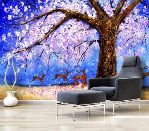 Abstrakter Elch Lila Blume Großer Baum Moderne 3D Tapete Geprägte Seide Neutrale Töne Material Ideal Für Wohnzimmer Schlafzimmer-430cm×300cm