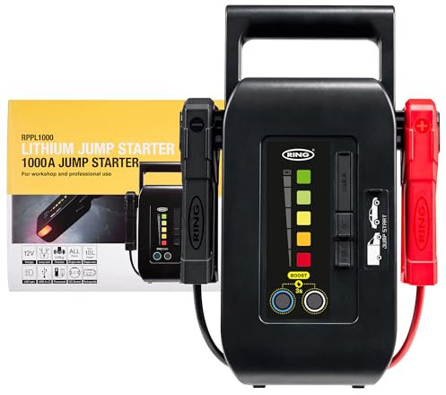 RING Professional Cordless Lithium Jump Starter For All 12V Vehicles up to 10L With a Built-in Work light For Safety