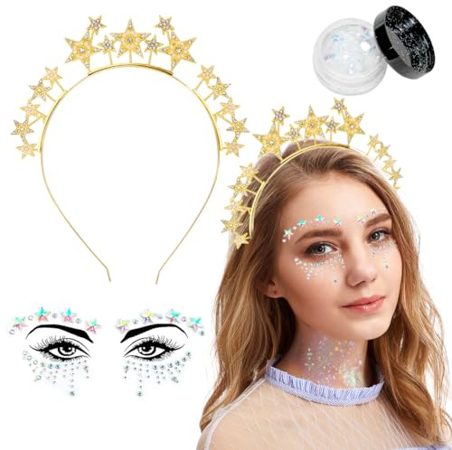Haarreif Sterne Gold, Stern Strass Haar Hoop Stirnband, Strasssteine Gesichtstattoo, Glitzer Gesicht, Glitzer Haarreif Damen, Sternen Strass Haarband, Glitzer Haarschmuck für Karneval Kostümparty