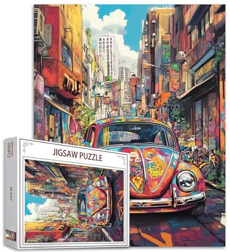 Vintage Car 1000 Piece Jigsaw Puzzles Erwachsene America Landscape Painting Jigsaw Puzzle Graffitic Automobile Puzzles for Challenging Family Activity Art Landscape DIY Puzzle Decor Gifts(Colorful)