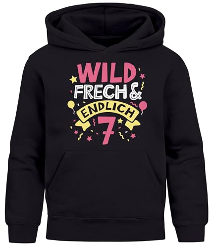 MoonWorks® Kinder Hoodie Mädchen Geschenk Geburtstag Alter Zahl 4-10 und Spruch Wild und Frech schwarz 128