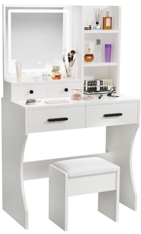 ZenkiHome Schminktisch, 80 cm, Schminktisch mit Spiegel und Hocker, 4 Schubladen für perfekte Aufbewahrung