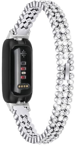 Full-Strass Metallarmband Kompatibel mit Google Fitbit Inspire 3 Smartwatch Dreifach Edelstahl Armband mit Stass, Bling Uhrenarmbänder Elegant Armbänder (Silber,12MM)