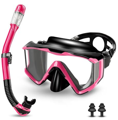 Schnorchelset Erwachsene,Taucherbrille Erwachsene mit Dry Schnorchel, wasserdichte Tauchmaske Anti-Fog Anti-Leck,Mit gehärteter Glaslinse, Schnorchelsets für Schnorcheln und Tauchen (Rosa)
