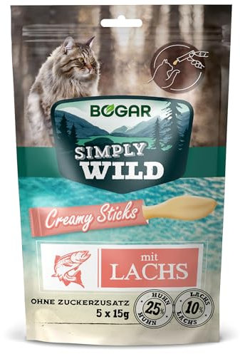 Bogar - Simply Wild - Friandises pour Chat - Nourriture pour Chats en Complément de l'Alimentation Habituelle - Sticks Crémeux Saveur Saumon - pour Un Moment d'Intéraction - 5x15 G