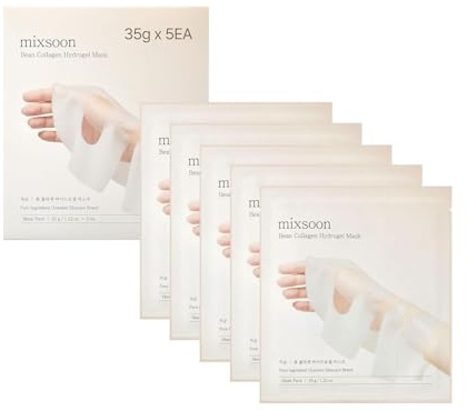 mixsoon Bean Collagen Hydrogel Mask – Fermentierte Sojabohne & niedermolekulares Kollagen für Klarheit, Granatapfel- & Birnensaftextrakte für pralle, vitale Haut, hydratisierender Glow, 5 Stk