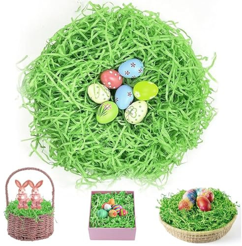 200g Hierba de Pascua Premium Virutas de Papel para Regalos Suave y Esponjoso Papel Tisú Triturado Ecológico Ideal para Relleno de Cestas, Decoración de Pascua Regalo y Manualidades DIY (Verde)