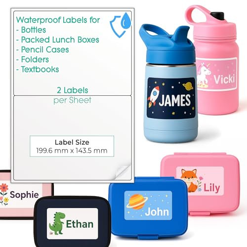 Wasserfeste Flaschenetiketten für Kinder | Erstellen Sie Ihre eigenen personalisierten Namensaufkleber für Kindergarten, Schule – Weiß, matt, selbstklebend, mehrere A4-Etikettengrößen, Home bedruckbar