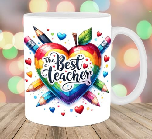 Best Teacher Coffee Mug, Rainbow Heart Design, Colourful Pencil Art, Teacher Appreciation Gift