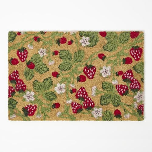 HOMESCAPES Natural Coir Door Mats, Red Strawberries Heavy Duty Dirt Trapper, Non-Slip Door Mats Indoor Outdoor, 60 x 40 cm, PVC Reverse, Large Rugs For Entrance & Entryways