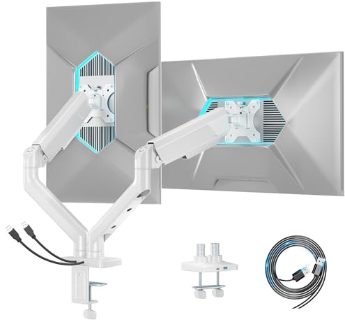 ARES WING Dual Monitorarm für 2 Monitore 17-35 Zoll, USB-A/C, Weiß | Dual Monitorarm mit 2-12 kg Tragkraft, Monitorarm mit Kabelmanagement – Neig-/Schwenk-/Drehbar, VESA 75/100 mm