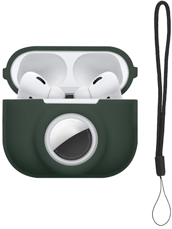 kwmobile 2-in1 Schutzhülle für Apple Airpods Pro 2 Hülle - Kopfhörer Silicon Case kompatibel mit AirTag - stoßfestes Cover mit Karabiner - Dunkelgrün