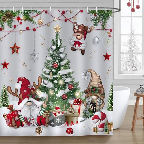 Bonhause Duschvorhang Weihnachten Wichtel Xmas Baum Gnom Winterurlaub Duschvorhänge 180 x 200 cm Anti-Schimmel Wasserdicht Polyester Stoff Waschbar Bad Vorhäng für Badzimmer mit 12 Haken