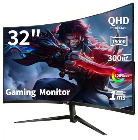 ZZA QHD 2560 x 1440 monitor da gioco curvo da 32, frequenza di aggiornamento ultra 300 Hz e 240 Hz, pannello VA, 1500R, 1 ms, HDR, AMD FreeSync Premium, compatibile con NVIDIA G-SYNC
