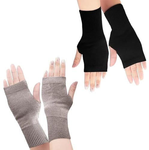 2 Paar Kaschmir Handschuhe Fingerlose Fäustlinge Handwärmer Winter Pulswärmer Handschuhe für Damen Schwarz und Kamel