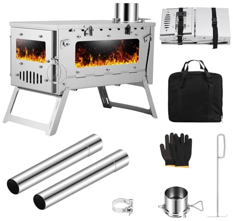Poêle à bois portable amélioré pour le camping, poêle pliable, de tente en acier inoxydable avec fenêtres transparentes, tuyau multi-sections, chauffage extérieur, cuisine, pêche sur Argent