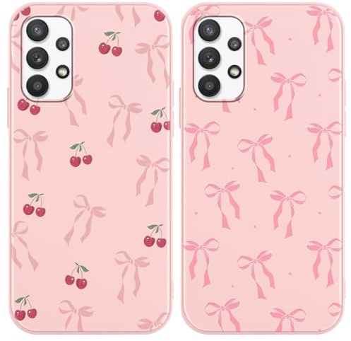 Yirlbey 2 Pièces Coque pour Samsung Galaxy A32 5G 6,5, Étui Souple TPU Aesthetic Nœud Cerise Motif Dessin Durable Fine Silicone Housse de Antichoc Anti-Rayures Protection Cover pour Femme Fille, Rose