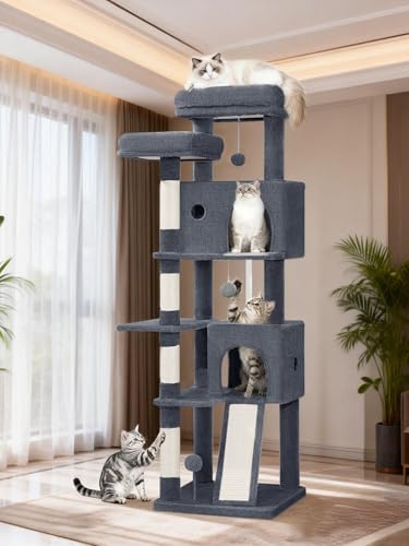 Fobyfurny Kratzbaum Groß, 152 cm Mehrstöckiger Katzenbaum, Dunkelgrau | 2 Bequemen Katzenhöhlen, Kratzsäulen, Kratzbrett, 2 Oberplattformen, Seitenruheplattform, für Innenräume, Pompons FPMS004FG2