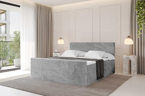 ALTDECOR Boxspringbett mit Matratze und Lattenrost, Topper, Fußteil,Polsterbett mit Bettkasten, Bett mit Stauraum H3-Matratze, Doppelbett, Boxbett - TOLO-Z v1 180x200 Cord - Hellgrau