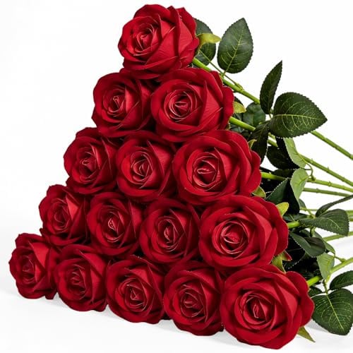 Riqiaqia 15 Stück Rot Künstliche Rosen, Künstliche Blumen, 52 cm Samtig Strukturiert Realistische Dekorative Künstliche Rosen Blumen für Hochzeit, Haus, Garten, Dekoration