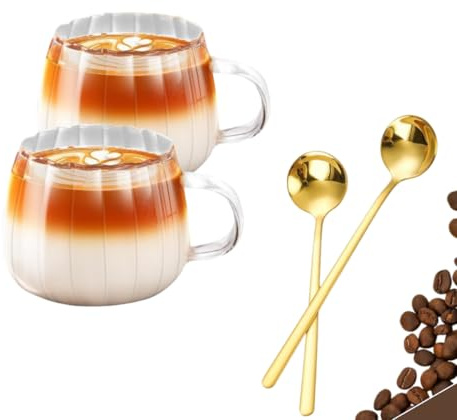 JADEWANG Coffee Mugs Set, 2 Tumblers and 2 Spoons Set, Clear | 12oz Drinking Glasses with Handle, Clear Glass Cups for Hot or Cold Drinks Like Cappuccino, Latte, Cocoa and Tea