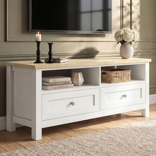 Blisswood TV Unit for 40–50 Inch TVs, Painted Wooden TV Stand & Console with 2 Drawers & 2 Open Shelves, 120cm Entertainment Unit Cabinet for Living Room Bedroom, Space Saving (White)